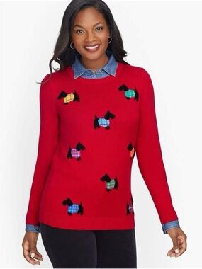 Talbots Cotton Cashmere Red Crewneck Sweater w/Embroidered Multicolor Scotties